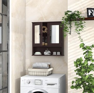 <b>Wall</b> <b>Mounted</b> Wooden Bathroom <b>Cabinet</b> Modern Storage Shelf with Double Door and Open Compartment for Medicine and Toiletries - Product Image 3