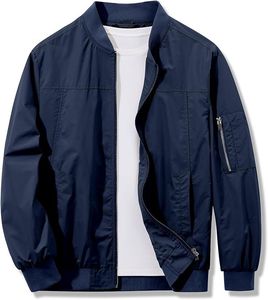 Men's Navy Blue Thin <b>Waterproof</b> Bomber <b>Jacket</b> Windproof Casual Zipper Closure Stand Collar Polyester Outerwear <b>Winter</b> Wear - Product Image 1