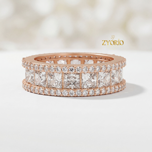 Luxury Rose Gold Triple Row Lab Grown Diamond Eternity Band Princess Cut Center Pave Border Engagement Wedding <b>Ring</b> <b>Large</b> Zyorio - Product Image 6