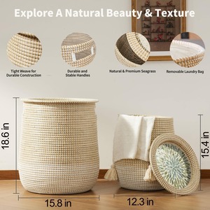 Juego de 2 cestas de mimbre marino con tapa incrustada de nácar, cesta de almacenamiento hecha a mano, venta al por mayor, ecológica, hecha en Vietnam - Product Image 2