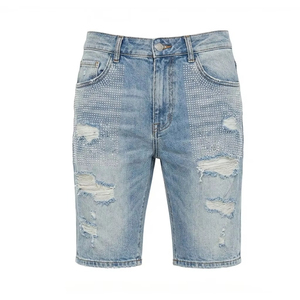 Men’s Light Blue Distressed Denim Shorts Rhinestone Embellished Loose Fit Knee Length Baggy <b>Jean</b> Shorts Casual Streetwear - Product Image 1