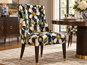 Tissu d'ameublement PRANIKA en velours floral bleu et blanc, respirant, léger, tissé, avec accents dorés, pour canapé et chaise - Product Image 4