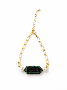 Pulsera de Lujo con Dijes Rectangulares de Circonia Negra y Verde |   Pulsera de Perlas con Cadena de Clip Chapada en Oro de 18k para Mujer, Venta al Por Mayor - Product Image 2