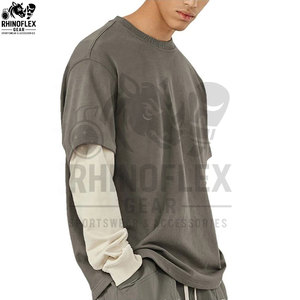 Custom Tee Cotton Fabric Double <b>Layer</b> Long ACID Wash Double Sleeve T-shirt <b>Top</b> Selling - Product Image 5