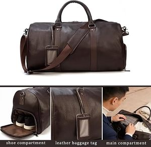 Premium Full Grain Leather Eco-Friendly Travel Duffle <b>Weekender</b> <b>Bag</b> with Shoe Compartment and Customized Closure for <b>Men</b> - Product Image 3