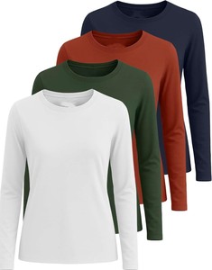 Camiseta de Punto de Manga Larga para Mujer, Cuello Redondo, Color Sólido, Corte Regular, Secado Rápido, Informal, para Todas las Temporadas, 100% Poliéster - Product Image 3