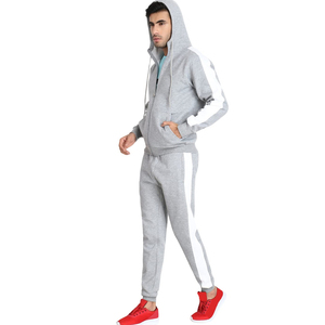 Ensemble de survêtement pour homme à capuche gris, manches longues, fermeture éclair, pantalon de jogging décontracté avec poches latérales, mélange respirant de polyester et de coton - Product Image 4