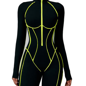 Black Full Length Bodysuit With Green Stitching Turtleneck High Waist Cut-Out Back Zipper Closure Seamless Spandex Polyester - Product Image 3
