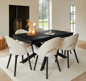 Moderno Juego de Comedor Rectangular de Madera Maciza de Mindi Negra con Sillas Tapizadas y Base Metálica en X para Comedor y Hogar - Product Image 1
