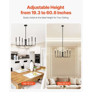 Lustre moderne à 6 lumières de style farmhouse, hauteur réglable, noir, luminaire suspendu pour salle à manger, certifié CE - Product Image 4