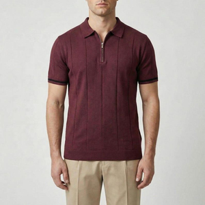 Polo en tricot à manches courtes pour homme, couleur unie, fermeture éclair sur le devant, coupe décontractée élégante, bordeaux - Product Image 1