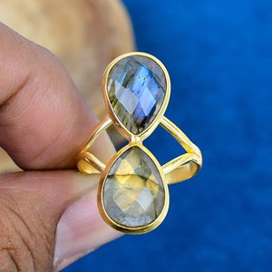 Natural <b>Labradorite</b> Pear Shape Gemstone Double Stone <b>Ring</b> 18k Gold Plated Over 925 Sterling Silver - Product Image 2