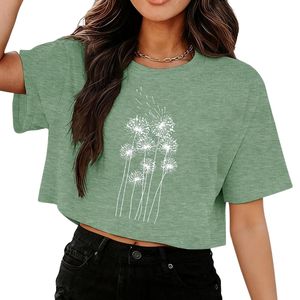 T-shirts graphiques décontractés d'été haut de gamme en coton à manches courtes, imprimé floral bleu marine, col rond, crop tops pour femmes, vente en gros - Product Image 4