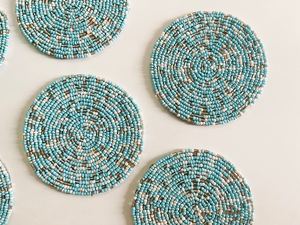 Handmade Beaded Coasters: Blue, Silver, and <b>White</b> (Set of 4/6) - Product Image 1