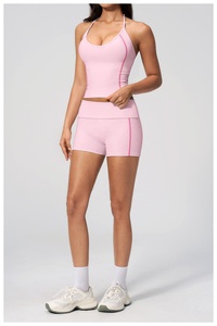 2026 Pink Seamless Yoga Set <b>Crop</b> <b>Top</b> High Waist Shorts Halter Neck Contrast Stitch Breathable Spandex Polyester 2 Piece - Product Image 5