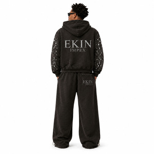 Conjunto de Sudadera con Capucha con Cremallera Y2K y Pantalones de Chándal de Pierna Ancha con Dobladillo sin Rematar, 100% Algodón, de Secado Rápido, con Lavado Ácido, Estampado de Estrella de Diamantes de Imitación y Logotipo Personalizado, Unisex - Product Image 2