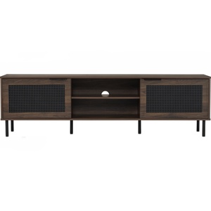 Minimalist Walnut TV Stand with Black Epoxy Metal Legs and <b>Open</b> <b>Storage</b> 1.8 Meter Media Cabinet Multi-Function <b>Unit</b> - Product Image 1