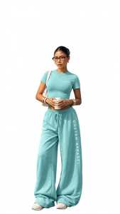 Pantalon de jogging décontracté pour femme Oneten Apparel, couleur vert sarcelle, coupe large, 100 % coton, devant plat, cordon élastique, imprimé lettres - Product Image 3