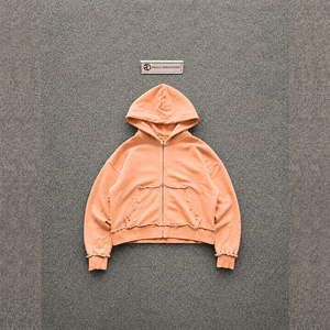 Peach Oversized Full Zip Hoodie Washed Vintage Heavyweight Streetwear Distressed Fleece Hooded Sweatshirt Wholesale Casual Autum - Product Image 5