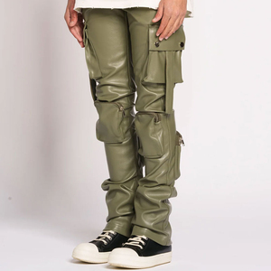 Pantalon cargo en cuir pour homme avec logo personnalisé, coupe ajustée, tissu confortable, multi-poches, vêtements de rue, vente en gros - Product Image 4