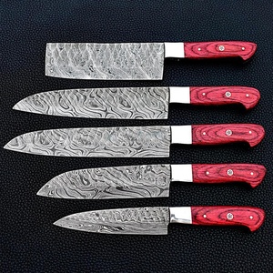 5 PCS Handmade Damascus Kitchen <b>Knife</b> <b>Set</b> Professional Chef <b>Knife</b> <b>Set</b> with Red Wood Handles Custom OEM - Product Image 2