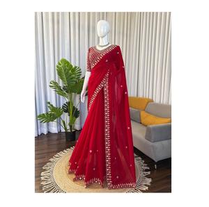 Approvisionnement direct usine TENNECY Fendy Saree en soie infroissable avec perles de créateur pour fêtes et mariages, Saree indien en gros - Product Image 1