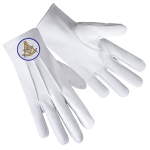 Guantes Past Master de Cuero Blanco Genuino con Logotipo Personalizado, Símbolo Dorado y Bordado con Borde Azul, Venta al por Mayor de Artículos Masónicos - Product Image 2