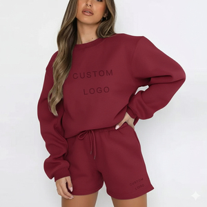 Winter Thick Oversized Casual Solid Sweatshirt and Shorts <b>Set</b> for Women OEM Soft Fleece Cozy Two Piece <b>Knitted</b> 100% Cotton - Product Image 1