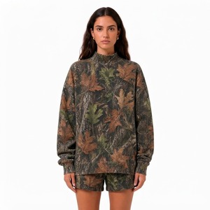 <b>Women</b> Camouflage Printed 2-Piece <b>Shorts</b> Set <b>Long</b> Sleeve Loose Fit Casual Wear Spring Summer Knitted Cotton - Product Image 1