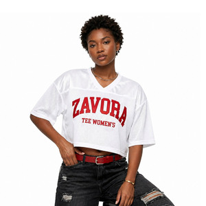 White <b>Mesh</b> Crop <b>Top</b> American Football Jersey Women <b>Mesh</b> V Neck Short Sleeve Boxy Fit Custom Streetwear Soccer Jersey Wholesale - Product Image 2