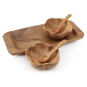 Premium Handcrafted Acacia Wood Serving Set Eco-Friendly Scallop Flower Shape Small Bowls with Rectangular <b>Tray</b> for Snacks Dips - Product Image 3