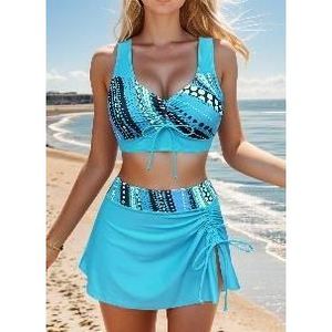 Costume da bagno bikini due pezzi da donna taglie forti con nodo frontale e vita arricciata con laccetti, elegante set da spiaggia - Product Image 1