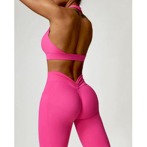 Conjunto Deportivo de Moda para Mujer, Conjunto de Yoga de 2 Piezas, Shorts Sólidos con Costuras Ecológicas de Secado Rápido, Hechos de Spandex/Nylon, Venta al Por Mayor en Pakistán - Product Image 4