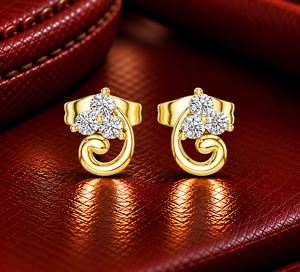 Round Cut Lab Grown Diamond 14K 18K Yellow Gold Floral Swirl Three Stone <b>Earring</b> Screw <b>Back</b> Stud DEF VVS Birthday Gift Wholesale - Product Image 1
