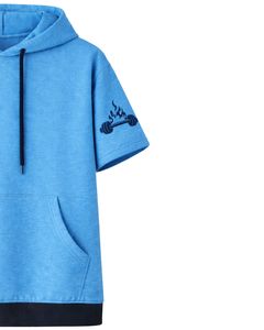 Haut à capuche bleu à manches courtes pour homme, décontracté, imprimé, léger, en mélange de coton, avec poche kangourou, idéal pour la gym et le streetwear estival - Product Image 2