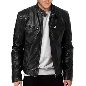 Novedades: Chaqueta de cuero para hombre, estilo universitario, negra, con cuello alto recubierto, logo frontal, corte ajustado, cremallera y bolsillos, para otoño. - Product Image 1