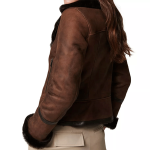 Women's Genuine Leather <b>Racer</b> <b>Jacket</b> Solid Color Zipper Closure Sherpa Lined Autumn Winter Outerwear Regular Length Full Sleeve - Product Image 2