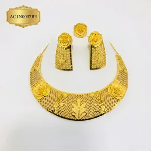 Designer Gold Plated Brass Classic Flower Box Chain Women's Nigerian Wedding Gold Necklace and Earrings Set - Product Image 2