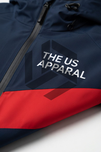 Custom Men's Winter Hooded <b>Jacket</b> <b>Red</b> Navy Color Block Sporty <b>Waterproof</b> Zipper Front Regular Fit - Product Image 3
