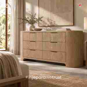 Commode moderne en bois massif à 6 tiroirs, grain de bois naturel, meuble de rangement pour chambre à coucher, mobilier de luxe pour hôtel et maison - Product Image 1