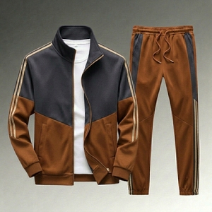 Custom Logo Men Sportswear Set Brown and Grey Color Block Training Suit Breathable Cotton Fleece Jogger Set Wholesale - Product Image 1
