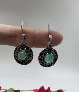 Natural Green Onyx Round Dangle <b>Earrings</b> Silver Plated Brass Handmade Gemstone <b>Hook</b> <b>Earrings</b> Vintage Boho Fashion Jewelry - Product Image 5