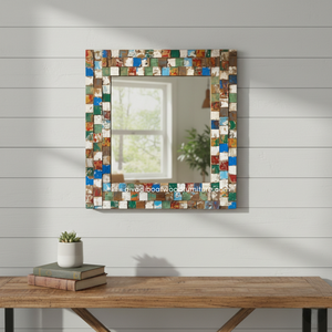 Miroir artisanal en patchwork de bois de bateau récupéré, couleur naturelle, pour décoration murale et intérieure, salon ou chambre, vente en gros - Product Image 2
