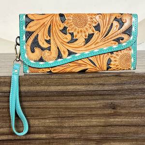 Sunflower Tooled <b>Leather</b> Floral Pattern Women Clutches High Quality Stylish Cash & Card Holder Long Wallet Evening <b>Purse</b> - Product Image 3
