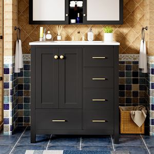Meuble de salle de bain autoportant en bois massif de 30 pouces avec 4 tiroirs et lavabo en résine – Ensemble de 40 meubles de salle de bain - Product Image 2