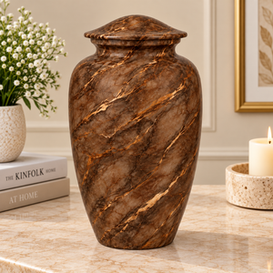 Urne funéraire en marbre couleur terre avec veinage doré métallique, pour cendres, souvenir commémoratif - Product Image 1