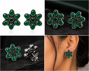 Boucles d'oreilles clous florales vintage en argent oxydé et onyx vert, MOQ disponible |   Bijoux ethniques en laiton pour femmes, vente en gros, Inde - Product Image 4