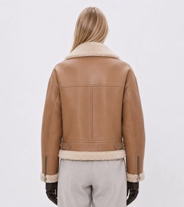 Blouson Bomber en Cuir Véritable pour Femme, Hiver, Manches Longues, Doublure Fourrure, Fermeture Éclair, Imperméable, Léger, Col Montant, Style Décontracté - Product Image 3