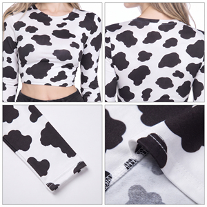 Haut court à manches longues imprimé vache pour femme, col rond, en polyester tricoté, léger, pour l'entraînement - Product Image 6