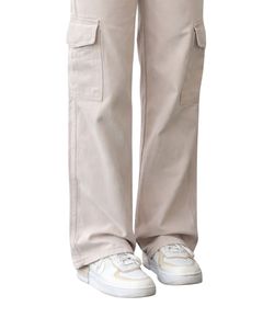 Jean cargo en denim kaki taille haute à jambe large personnalisé avec poches latérales, style urbain, pantalon décontracté ample pour femme, personnalisable OEM - Product Image 3